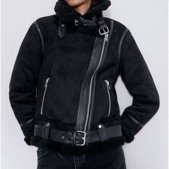 Zara Suede Sherpa Moto Jacket - Picture 1 of 8
